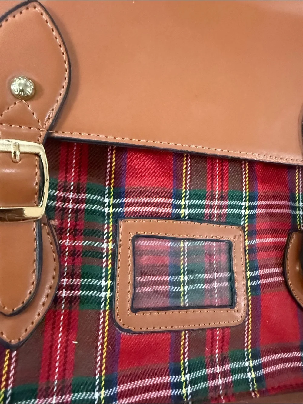 Archival Tan Leather Satchel with‎ Red Tartan Front Pocket